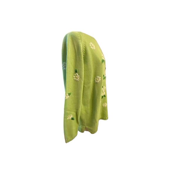 Quacker Factory Lime Green Crewneck Sweater With Daisies Oversized Large - Picture 5 of 15
